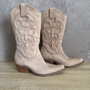 Tan Real Leather Suede Western Cowboy Boots Penny Kenny Boho Festival Boots